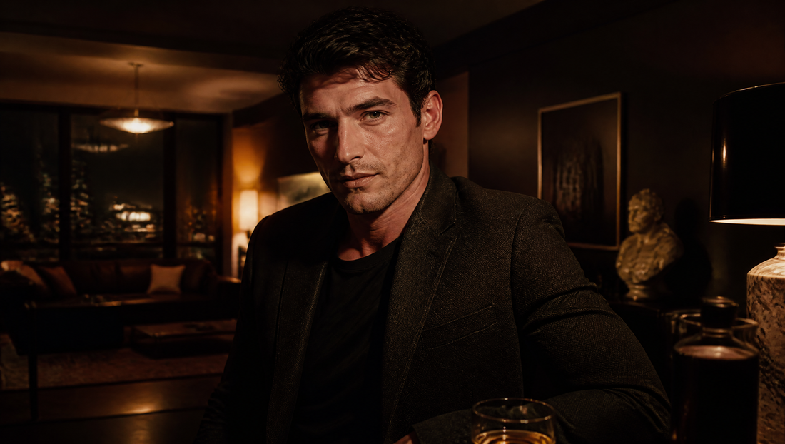 Charisme masculin — homme confiant en blazer dans une ambiance moderne et chaleureuse, mood Cupidonic
