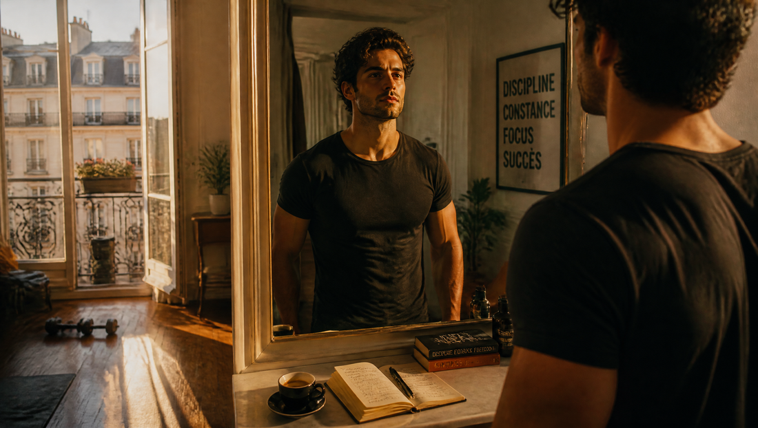 Confiance en soi homme — routine matinale dans un appartement parisien moderne, lumière dorée