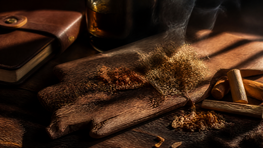 Parfum boisé homme — composition de cèdre, vétiver et santal dans une ambiance niche